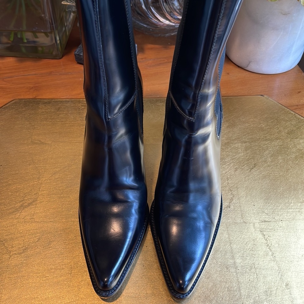 Miu Miu Block Heel Booties in Black Patent Leather